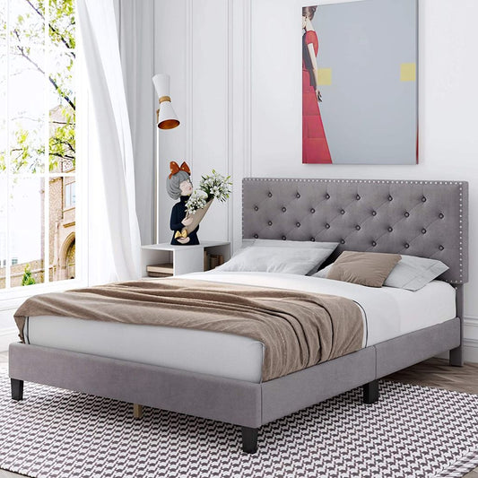 KING SIZE- (RUBY grey)- VELVET FABRIC- BUTTON TUFTED- BED FRAME- WITH SLATS