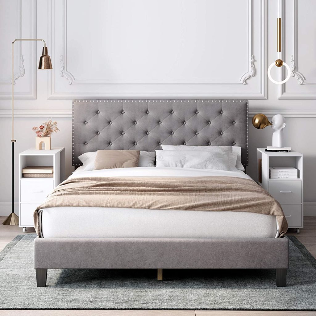 Grey headboard deals and bed frame