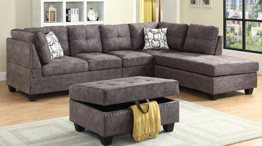 (SNOW BROWN)- FABRIC- REVERSIBLE- SECTIONAL SOFA- WITH STORAGE OTTOMAN
