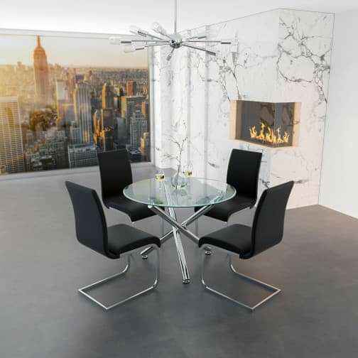 (ALEX - MAXIM BLACK- 5) - 47" ROUND - GLASS DINING TABLE - WITH 4 CHAIRS