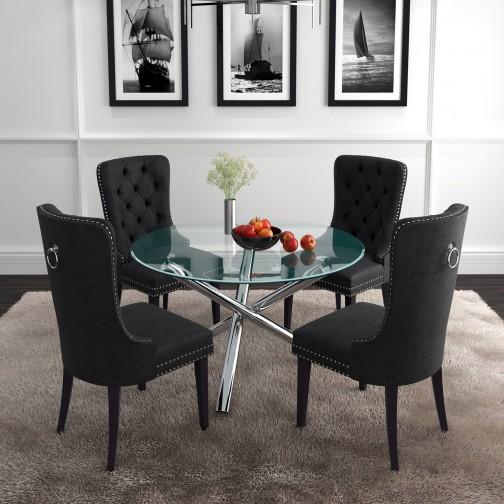 (ALEX- RIZZO BLACK- 5) - 47" ROUND - GLASS DINING TABLE - WITH 4 CHAIRS