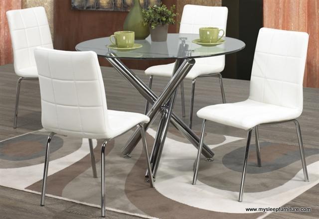 (ALEX- SOLARA WHITE- 5)- 47" ROUND- DINING TABLE- WITH 4 CHAIRS