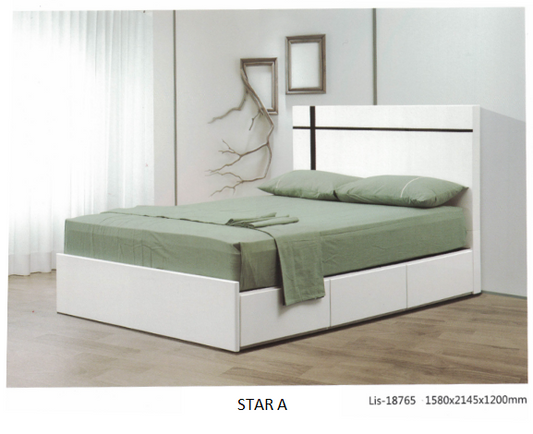 QUEEN SIZE- (STAR A WHITE) - WOOD BED FRAME - WITH 3 DRAWERS ON SIDE- WITH SLATS