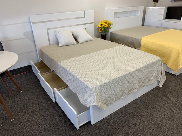QUEEN SIZE- (STAR B WHITE) - WOOD BED FRAME - WITH 3 DRAWERS ON SIDE- WITH SLATS