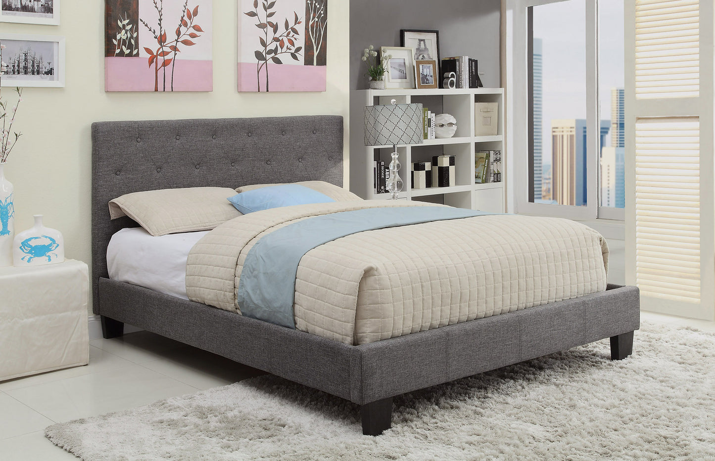 DOUBLE SIZE- (SUMMIT GREY- FLOOR MODEL)- FABRIC- BUTTON TUFTED- BED FRAME- WITH SLATS