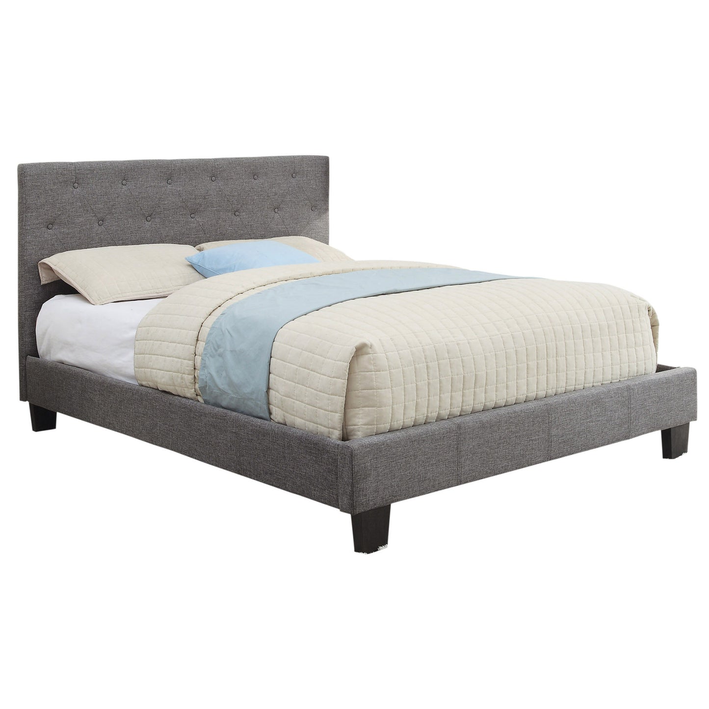 DOUBLE SIZE- (SUMMIT GREY- FLOOR MODEL)- FABRIC- BUTTON TUFTED- BED FRAME- WITH SLATS