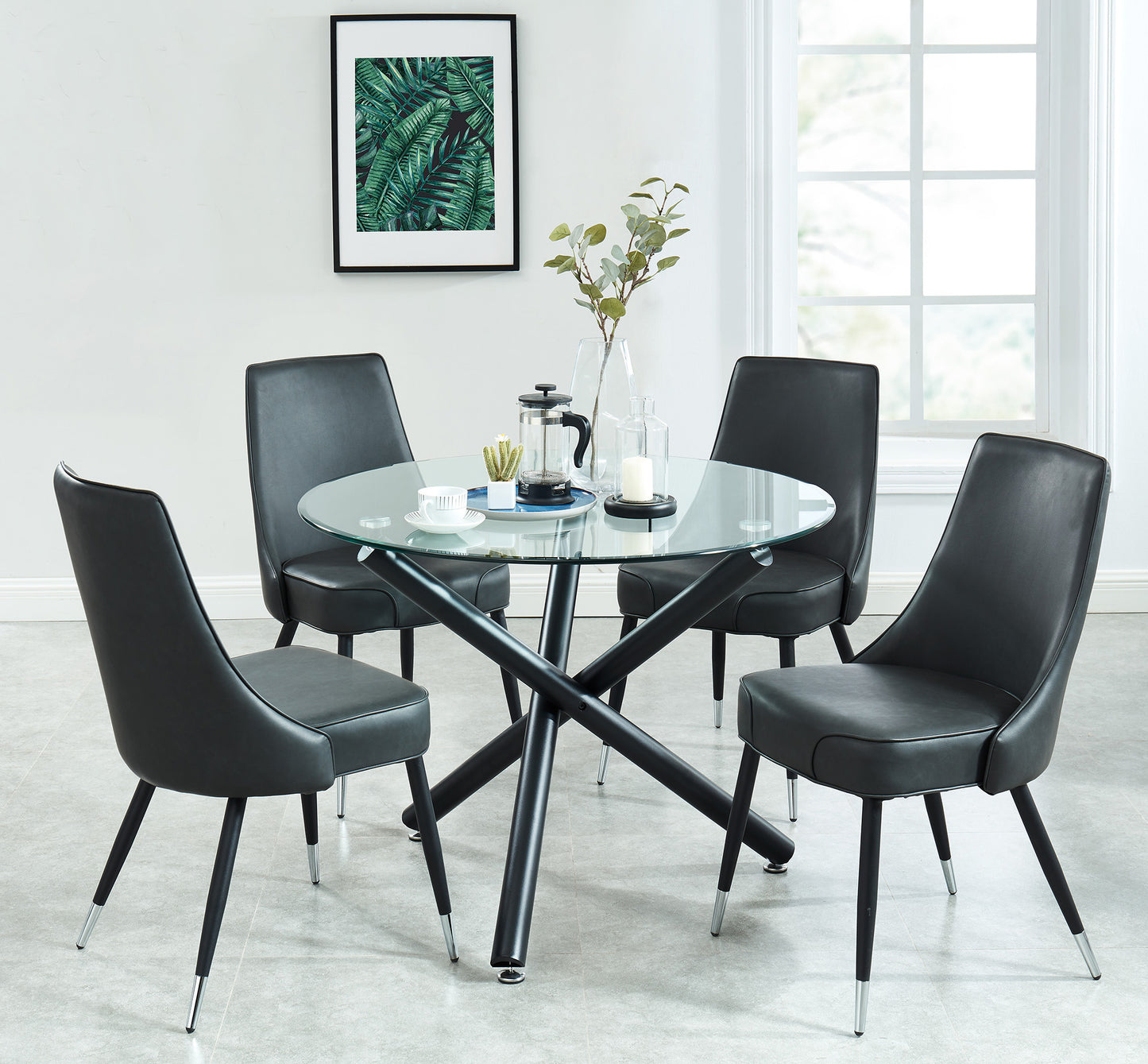 (SUZETTE- SILVANO GREY- 5)- 39" ROUND- GLASS DINING TABLE- WITH 4 CHAIRS