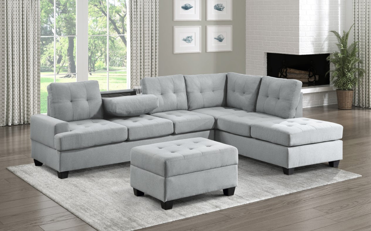 (9367 LIGHT GREY)- REVERSIBLE- FABRIC- SECTIONAL SOFA- WITH OTTOMAN