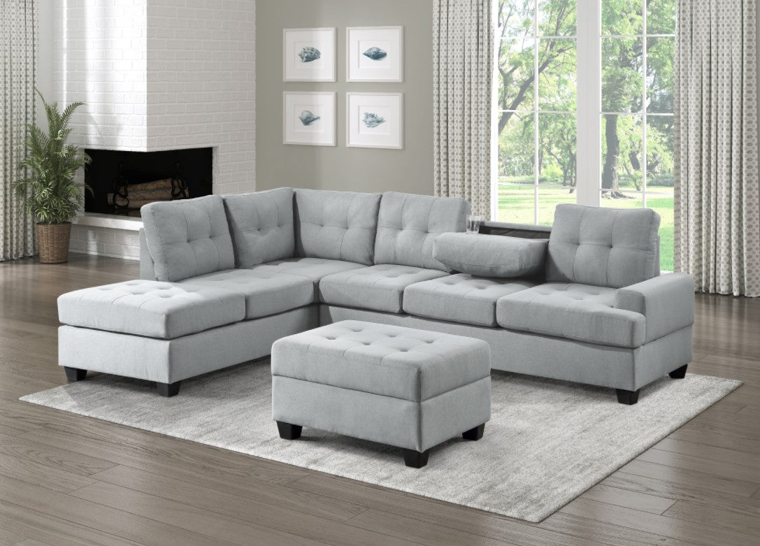 (9367 LIGHT GREY)- REVERSIBLE- FABRIC- SECTIONAL SOFA- WITH OTTOMAN