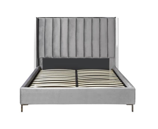 QUEEN SIZE- (TOBY GREY)- VELVET FABRIC- BED FRAME- WITH SLATS