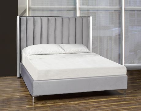 KING SIZE- (TOBY GREY)- VELVET FABRIC- BED FRAME- WITH SLATS