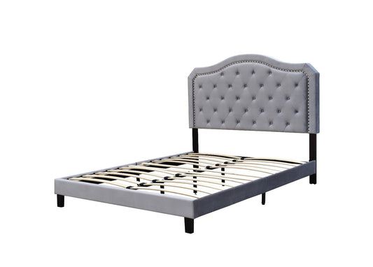 QUEEN SIZE- (HELEN GREY)- VELVET FABRIC- BUTTON TUFTED- BED FRAME- WITH SLATS