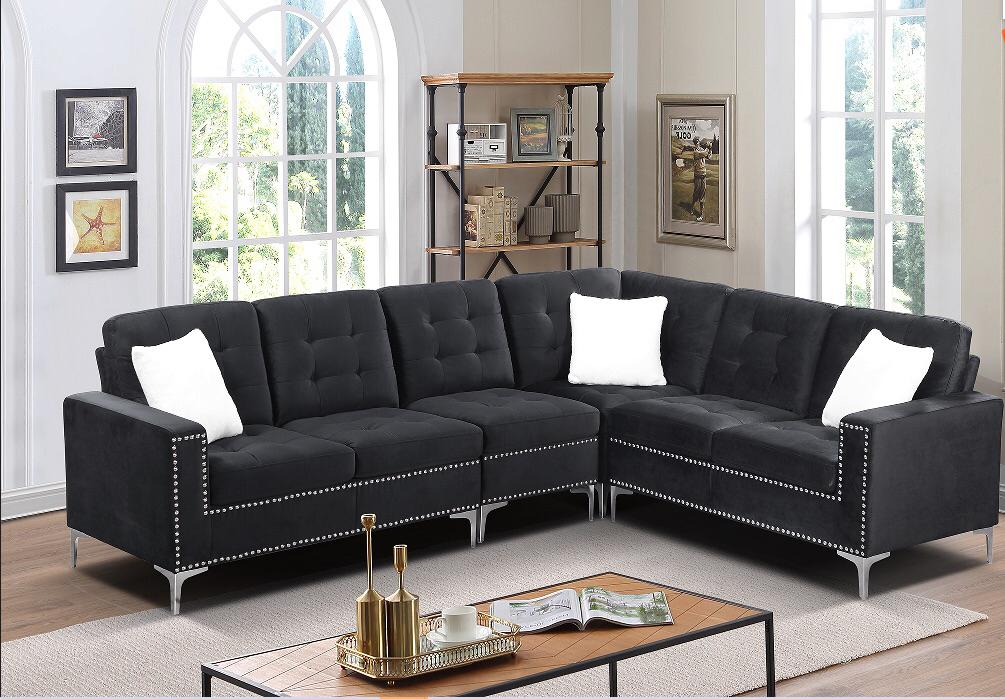 (2201 BLACK)- VELVET FABRIC- SECTIONAL SOFA- WITH 3 PILLOWS