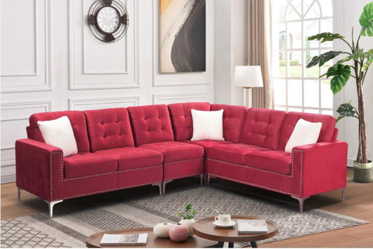 (2201 RED)- VELVET FABRIC- SECTIONAL SOFA- WITH 3 PILLOWS