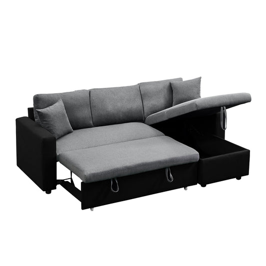 (1642 TWO TONE GREY/ BLACK)- REVERSIBLE- FABRIC SECTIONAL SOFA WITH PULL OUT BED