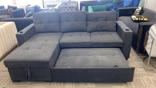 (1711 CHARCOAL)- FABRIC- REVERSIBLE- SECTIONAL SOFA- WITH PULL OUT BED- OUT OF STOCK UNTIL AUGUST 31, 2023