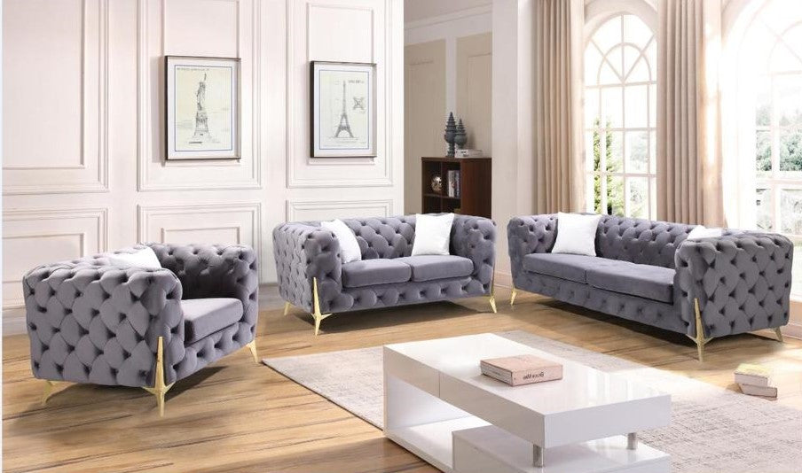(2011 GREY SLC)- VELVET FABRIC- BUTTON TUFTED- SOFA + LOVESEAT + CHAIR- OUT OF STOCK UNTIL AUGUST 21, 2023