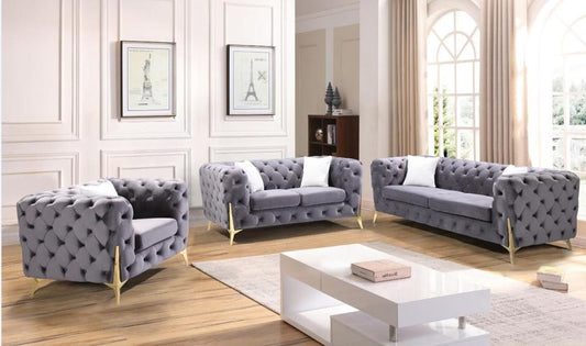 (2011 GREY SLC)- VELVET FABRIC- BUTTON TUFTED- SOFA + LOVESEAT + CHAIR- OUT OF STOCK