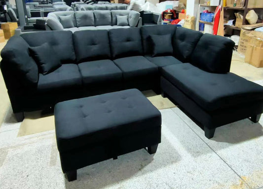 (1012 BLACK)- REVERSIBLE- FABRIC SECTIONAL SOFA- WITH STORAGE OTTOMAN