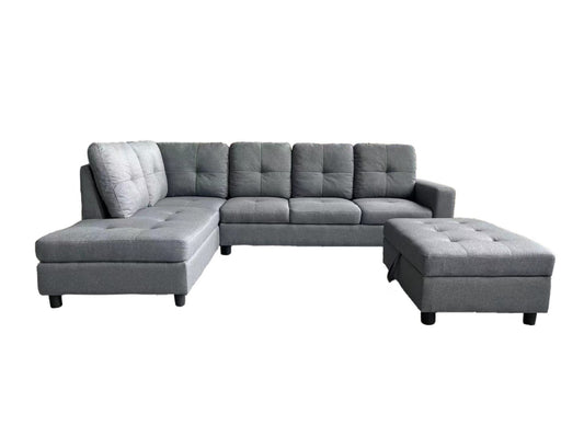 (2208 GREY LHF)- LINEN FABRIC SECTIONAL SOFA- WITH STORAGE OTTOMAN- TEXT OR WHATSAPP 416 319 8851 FOR STOCK AVAILABILITY BEFORE PAYING