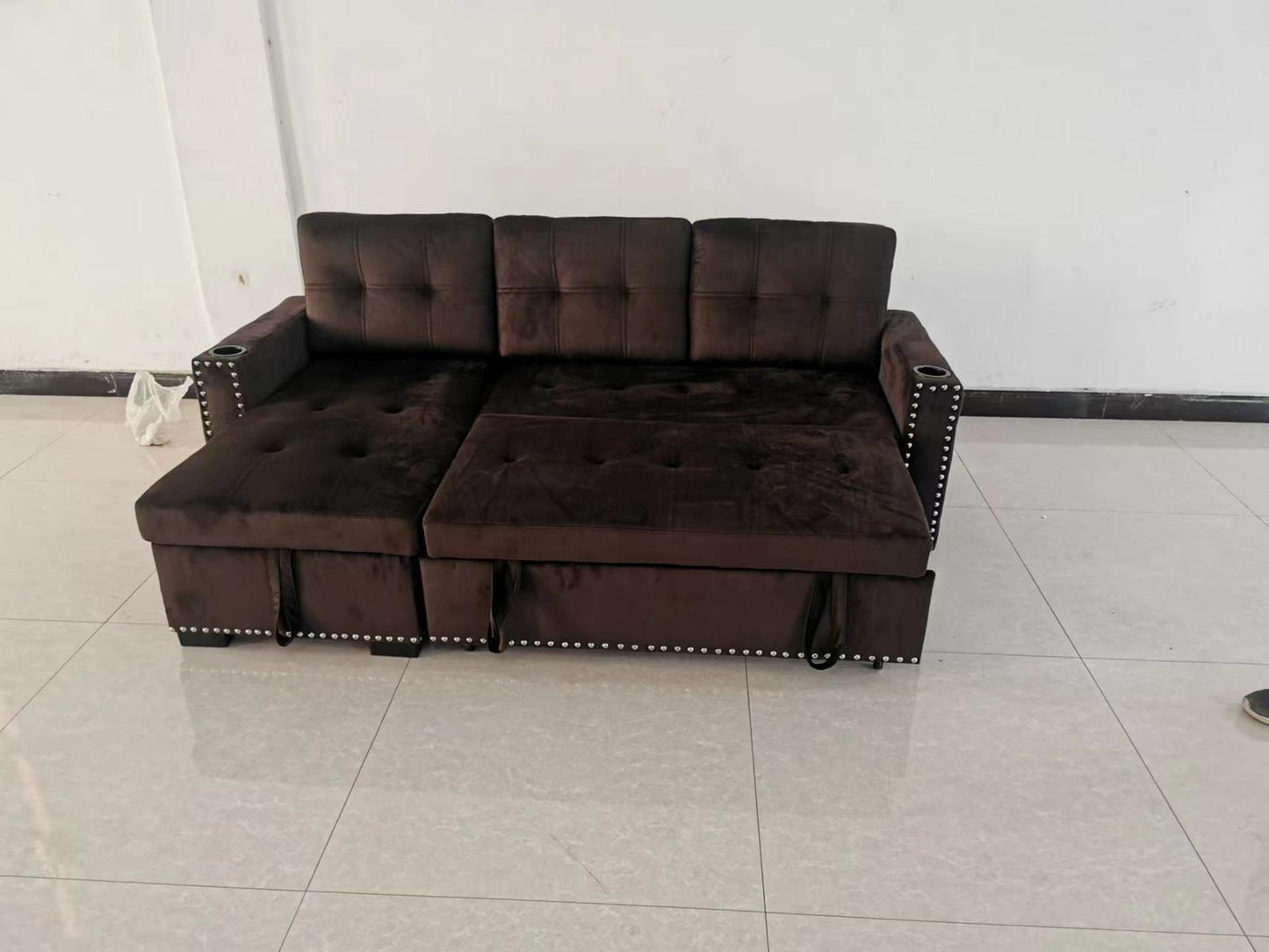 (9006NH BROWN)- VELVET FABRIC- REVERSIBLE- SECTIONAL SOFA WITH PULL OUT BED