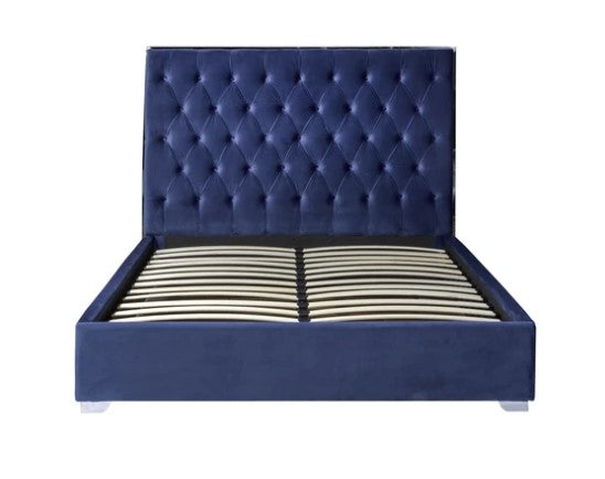 QUEEN SIZE- (ZANE BLUE)- VELVET FABRIC- BUTTON TUFTED- BED FRAME- WITH SLATS