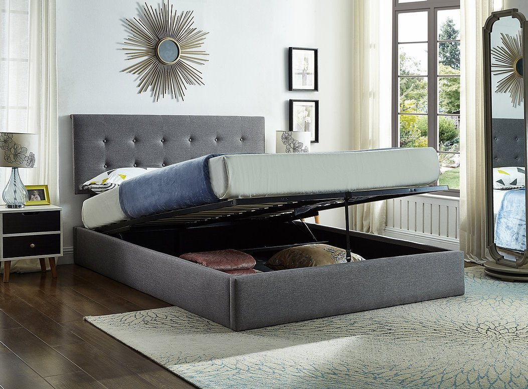 QUEEN SIZE- (5445 GREY)- FABRIC BED FRAME- WITH LIFT UP STORAGE
