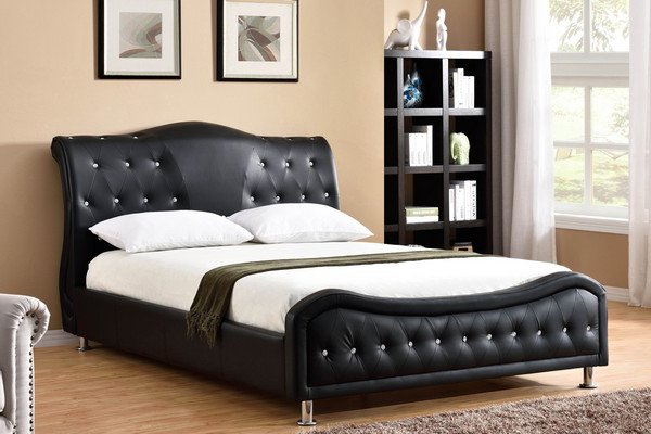 King Size - (5830 Black)- Crystal tufted- LEATHER Bed Frame - With Slats