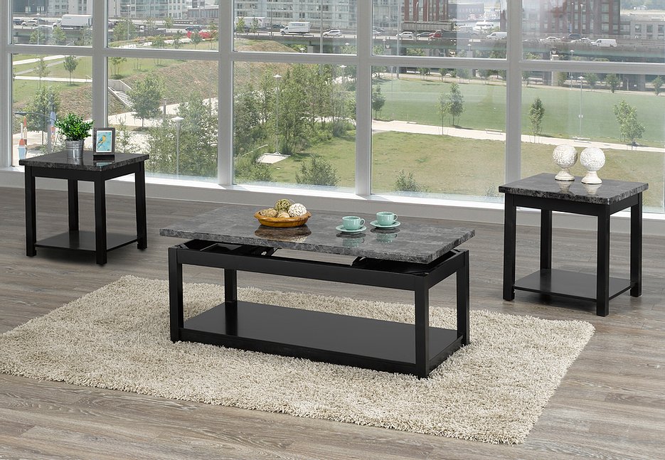 (2046 BLACK- 3)- MARBLE LOOK- LIFT TOP- WOOD COFFEE TABLE- WITH 2 SIDE TABLES