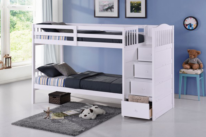 TWIN/TWIN - (5900 WHITE) - STAIRCASE WOOD BUNK BED