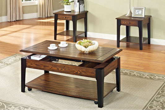 (2059 BROWN)- LIFT TOP- WOOD COFFEE TABLE- WITH 2 SIDE TABLES