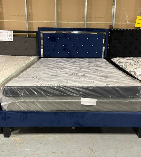 QUEEN SIZE- (LANE BLUE)- VELVET FABRIC - CRYSTAL TUFTED- BED FRAME- WITH SLATS
