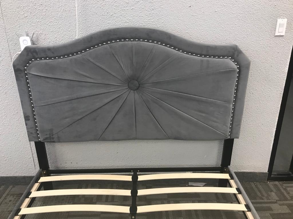 QUEEN SIZE- (VICKO GREY)- VELVET FABRIC- BED FRAME- WITH SLATS