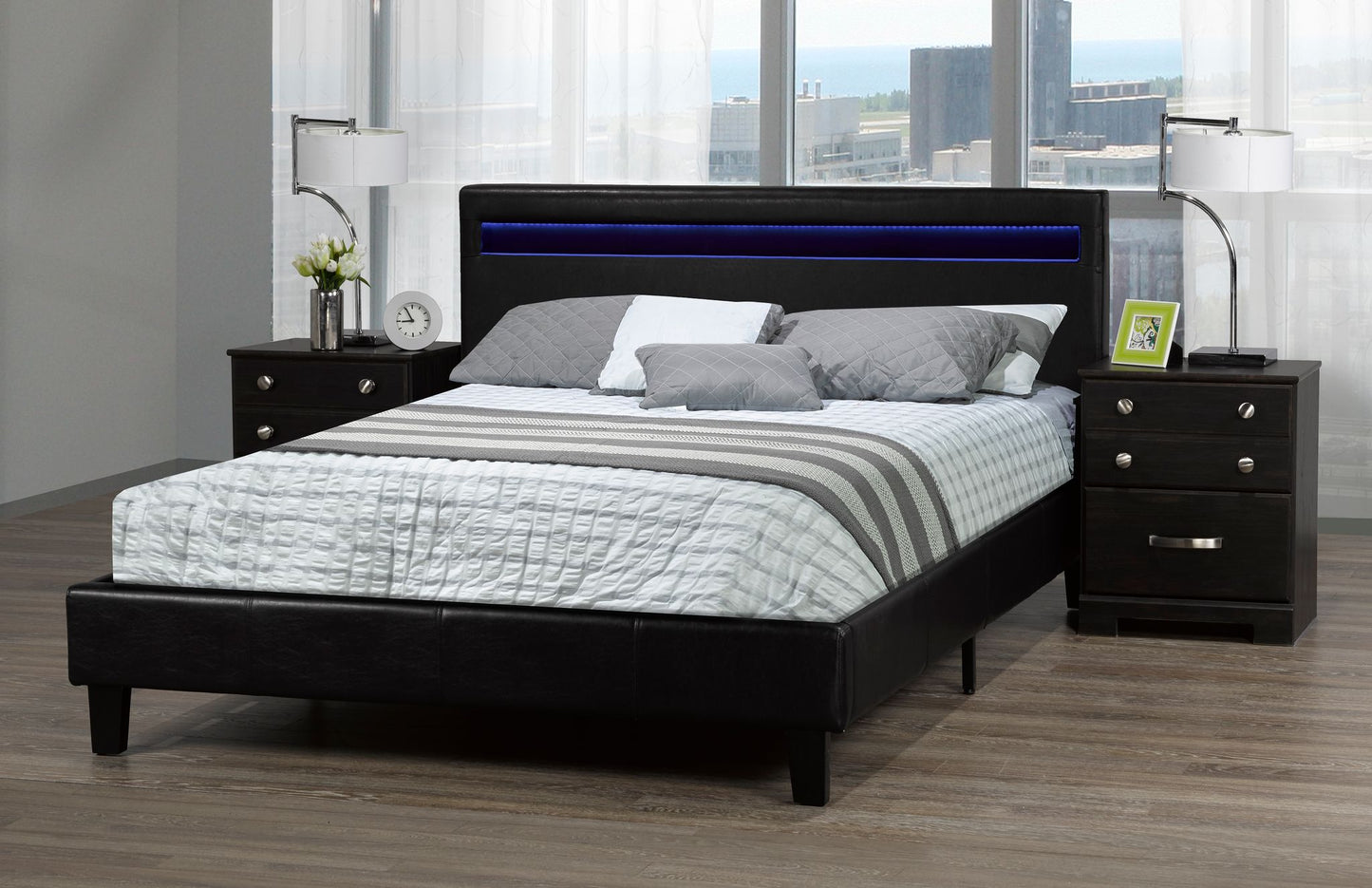 DOUBLE (FULL) SIZE- (688 BLACK)- LEATHER- BED FRAME- WITH LIGHT- WITH SLATS