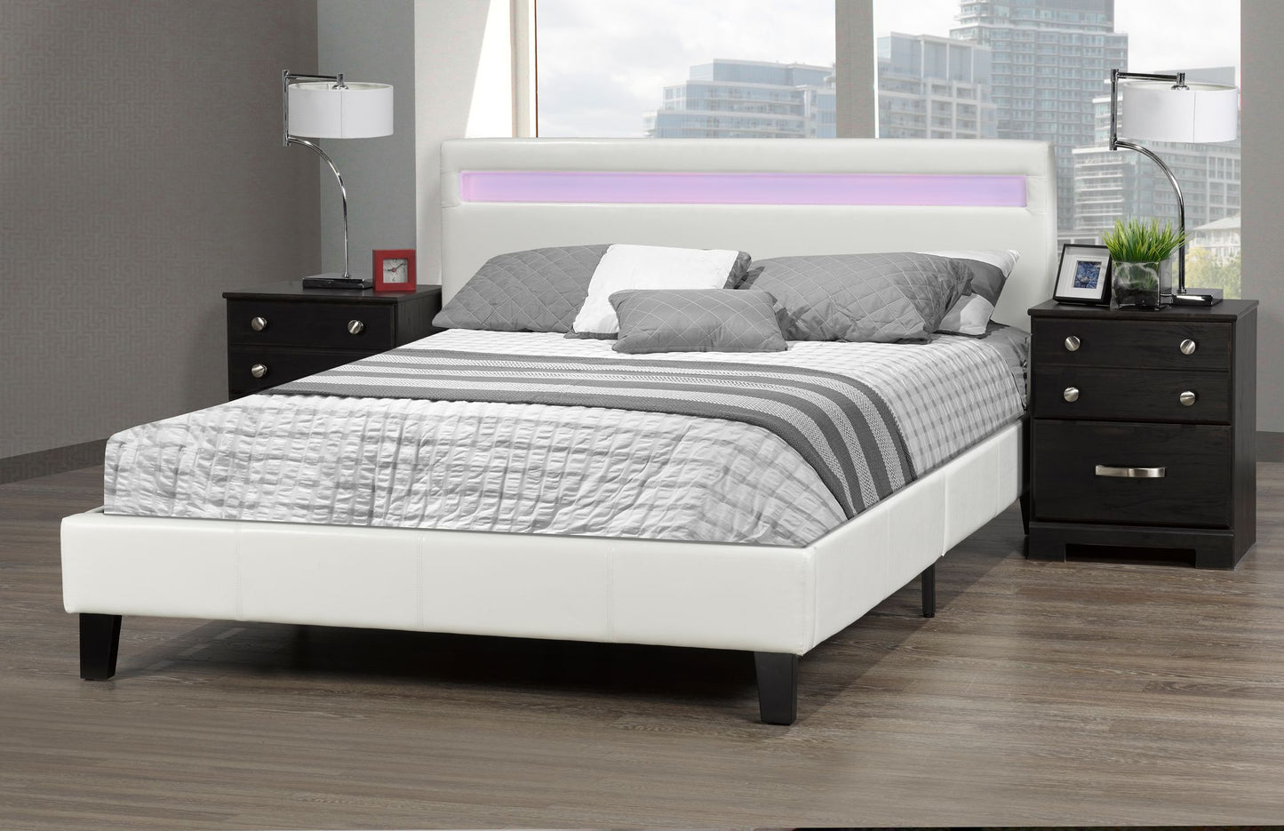 QUEEN SIZE- (688 WHITE)- LEATHER- BED FRAME- WITH LIGHT- WITH SLATS