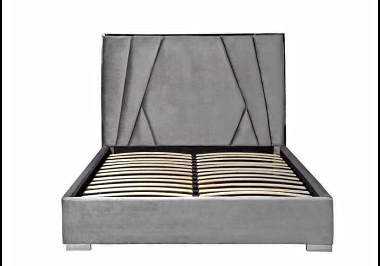 QUEEN SIZE- (RALF GREY)- VELVET FABRIC- BED FRAME- WITH SLATS