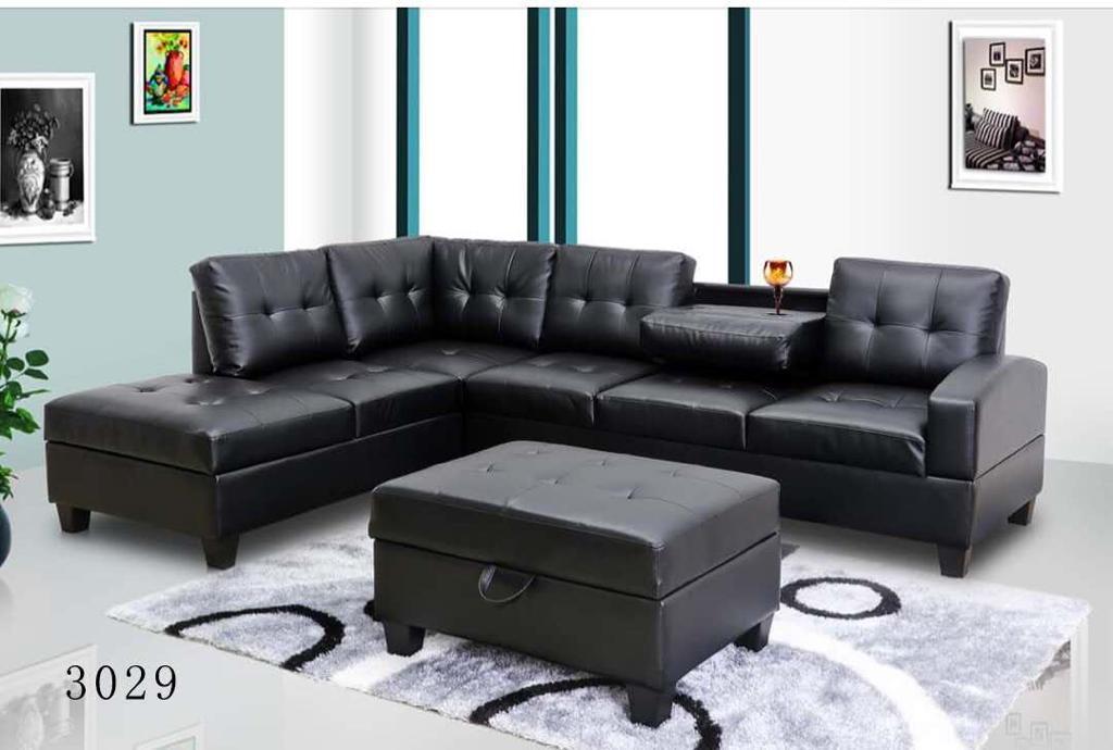 (ROMA BLACK)- REVERSIBLE- LEATHER SECTIONAL SOFA- WITH STORAGE OTTOMAN