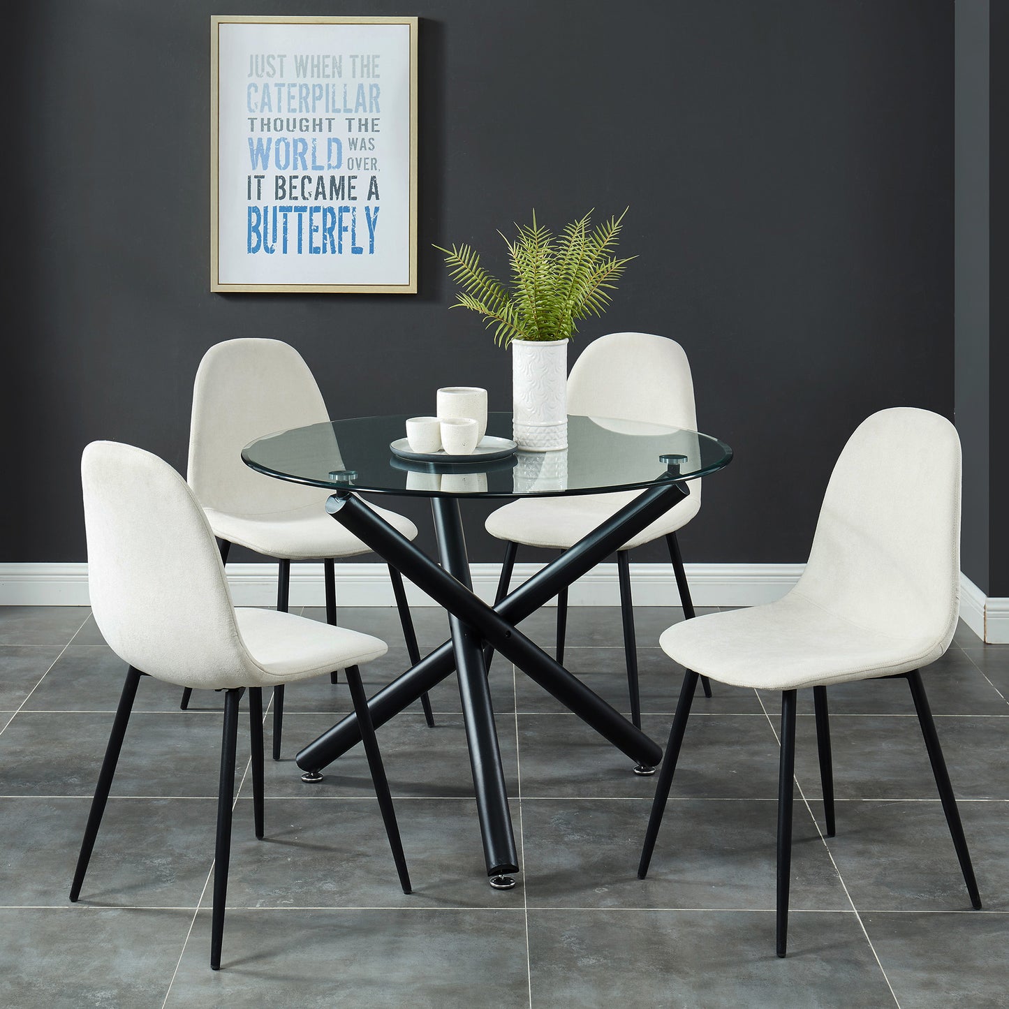 (SUZETTE- OLLY BEIGE- 5)- 39" ROUND- GLASS DINING TABLE- WITH 4 CHAIRS