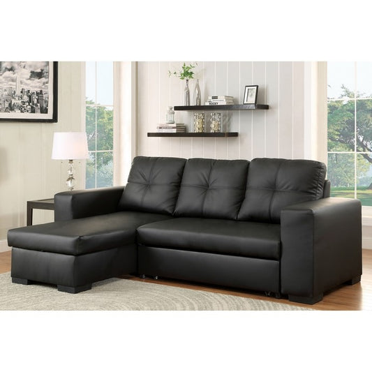 (9032 black)- LEATHER- REVERSIBLE- STORAGE SECTIONAL SOFA- WITH PULL OUT BED