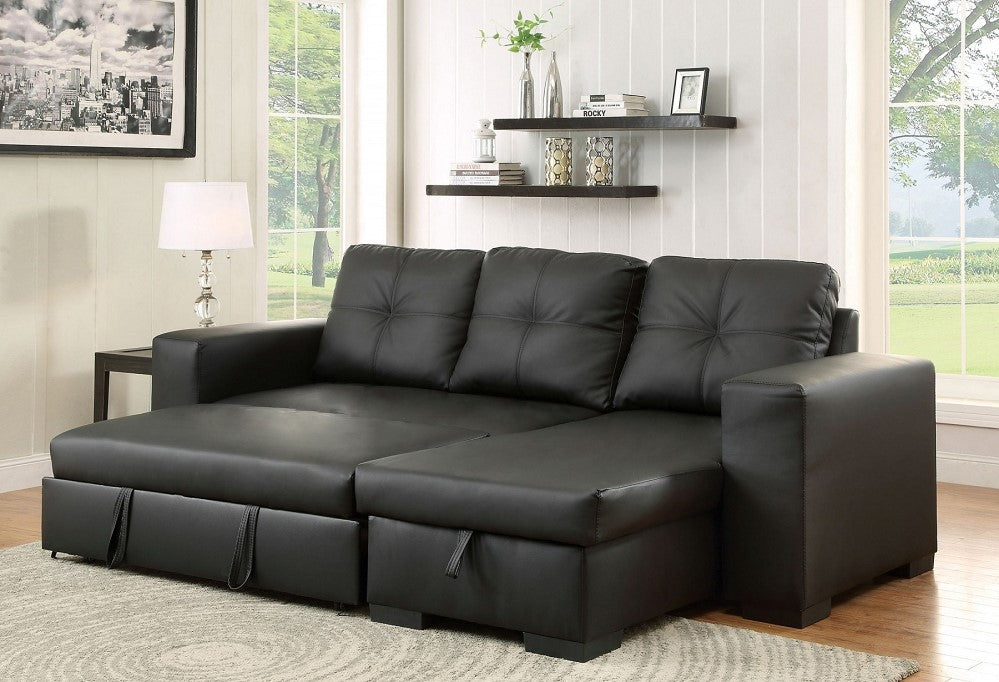 (9032 black)- REVERSIBLE- LEATHER STORAGE SECTIONAL SOFA- WITH PULL OUT BED