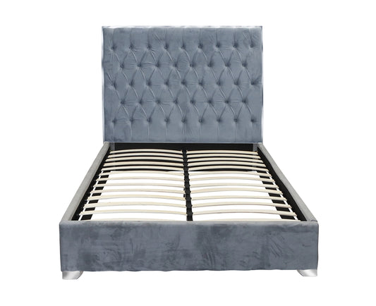 QUEEN SIZE- (ZANE GREY)- VELVET FABRIC- BUTTON TUFTED- BED FRAME- WITH SLATS